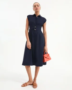 Veronica Beard - Loreta Belted Linen Dress in Navy