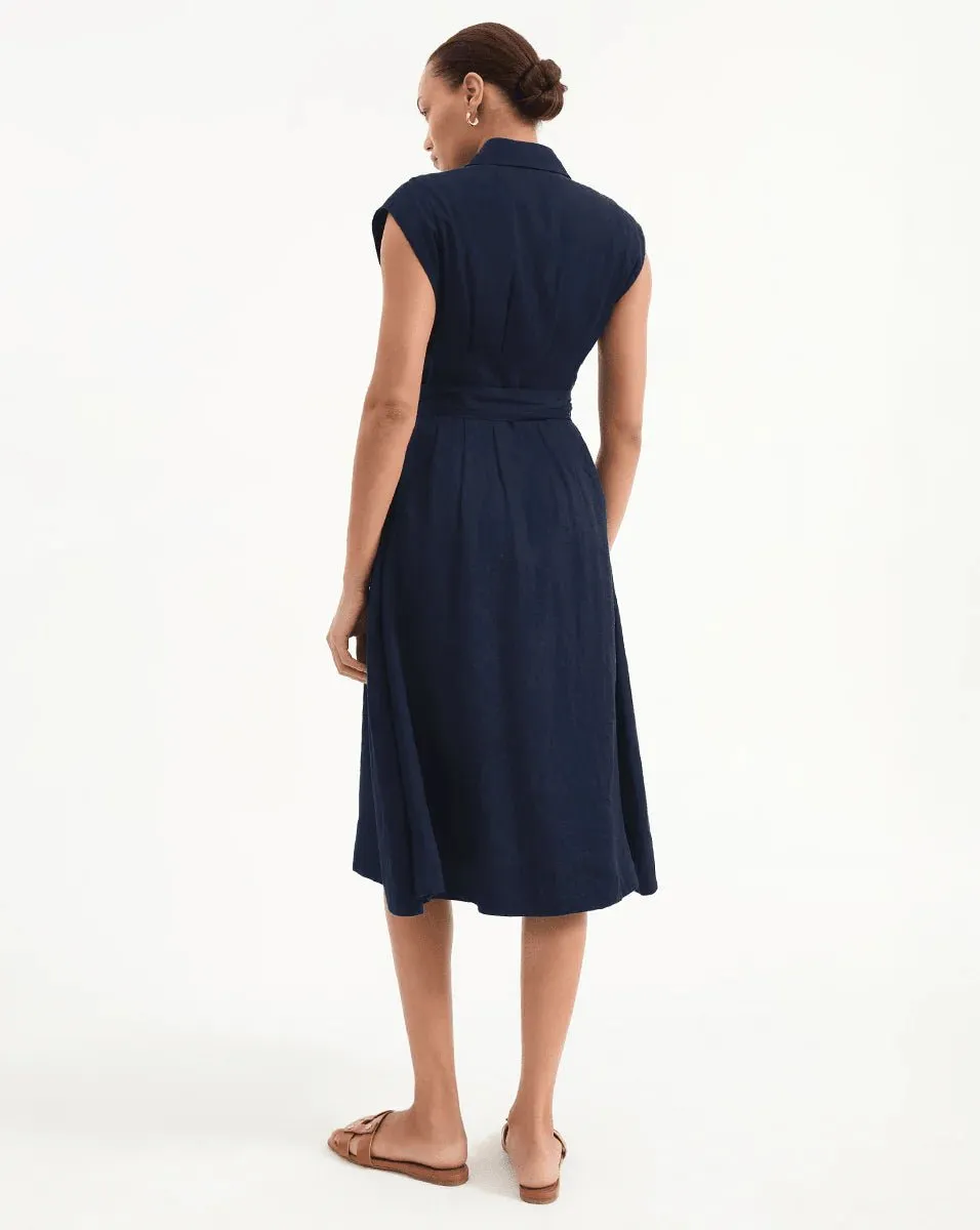 Veronica Beard - Loreta Belted Linen Dress in Navy