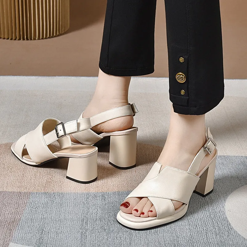 Women Summer Soft Sole Open Toe Leather Chunky Heel Sandals