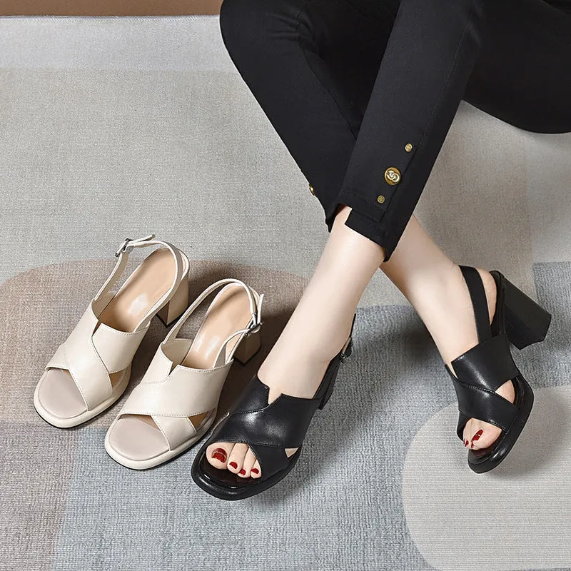 Women Summer Soft Sole Open Toe Leather Chunky Heel Sandals