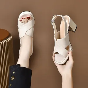 Women Summer Soft Sole Open Toe Leather Chunky Heel Sandals