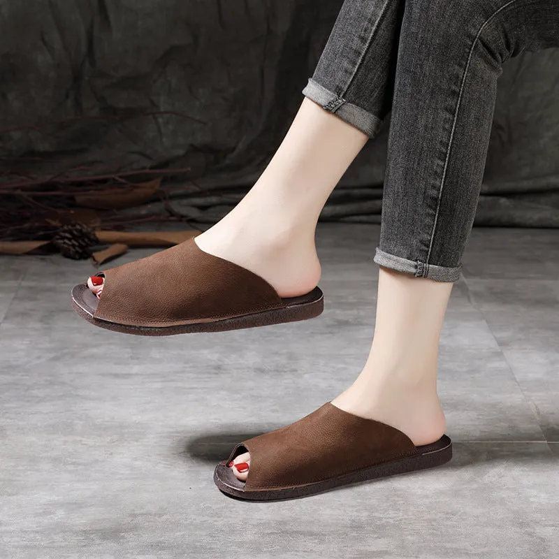Women Summer Vintage Cowhide Slip-Ons Soft Sole Flat Shoes