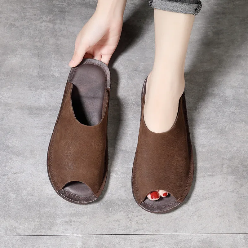 Women Summer Vintage Cowhide Slip-Ons Soft Sole Flat Shoes