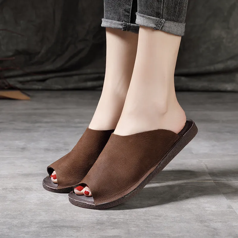 Women Summer Vintage Cowhide Slip-Ons Soft Sole Flat Shoes