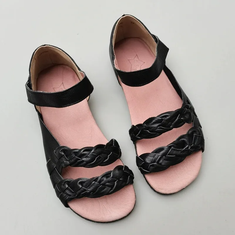 Women Summer Vintage Genuine Cowhide Soft Sole Woven Sandals