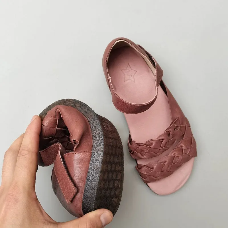 Women Summer Vintage Genuine Cowhide Soft Sole Woven Sandals