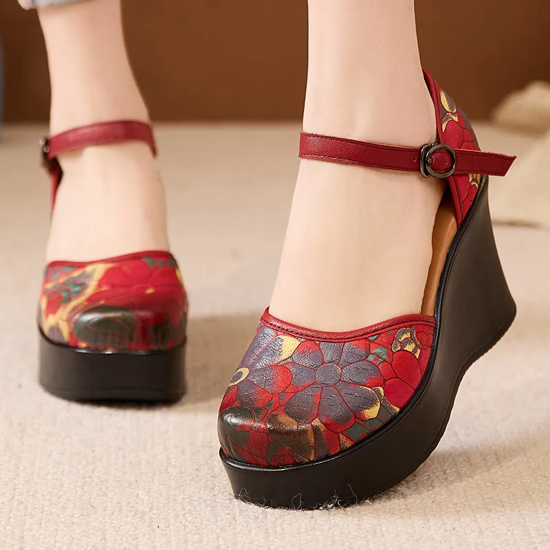 Women's Ethnic Style Retro Genuine Leather Printed Wedge Sandals