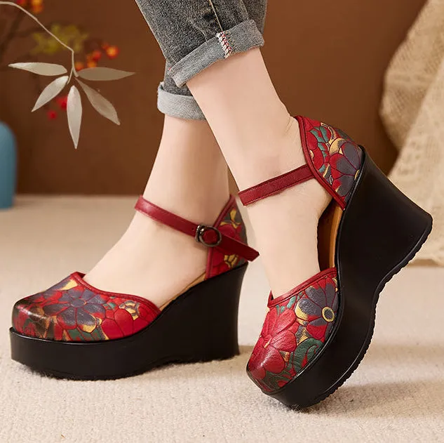 Women's Ethnic Style Retro Genuine Leather Printed Wedge Sandals
