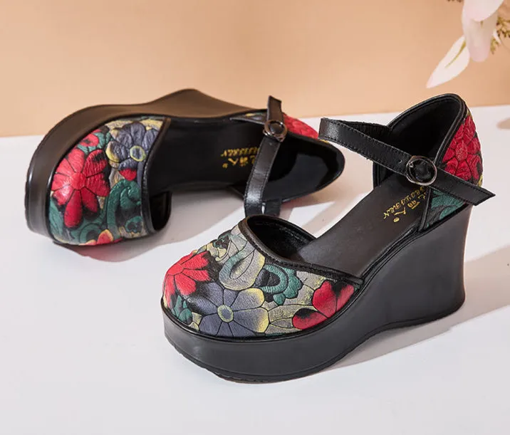 Women's Ethnic Style Retro Genuine Leather Printed Wedge Sandals