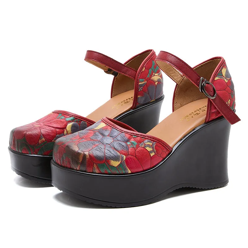 Women's Ethnic Style Retro Genuine Leather Printed Wedge Sandals