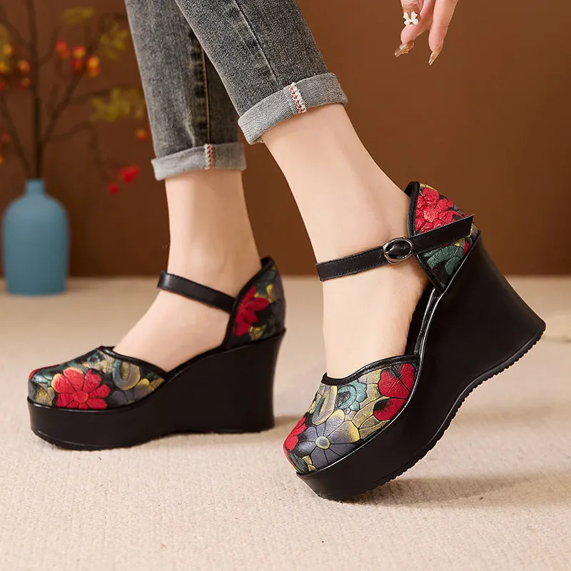 Women's Ethnic Style Retro Genuine Leather Printed Wedge Sandals