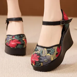 Women's Ethnic Style Retro Genuine Leather Printed Wedge Sandals