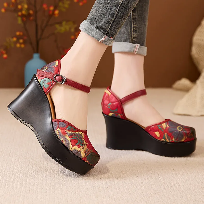 Women's Ethnic Style Retro Genuine Leather Printed Wedge Sandals